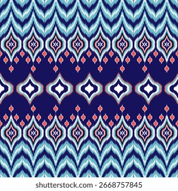 Native Colorful Abstract Ikat pattern seamless. Navy blue Aztec, tribal Indian, and African textiles. Backdrop abstract folklore ornament Embroidery background for cloth, textile. Vector illustration