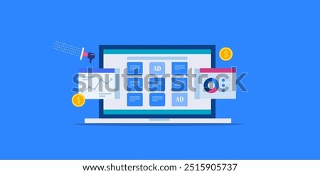 Native content ad analytics, In content ads, Advertising on content ad network, Ad campaign performance monitoring - vector illustration background