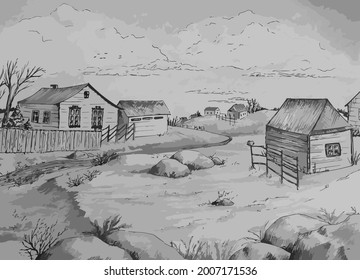 The native corner is the village. Small houses scattered randomly. Bare trees, rocks, grass. Vector