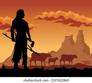 native with cows sunset scene