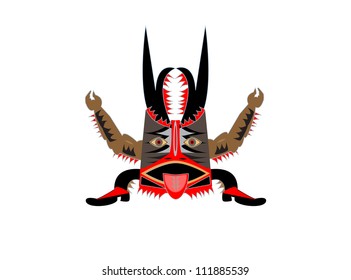 Native dancer in scaring pose wearing tribal ritual mask