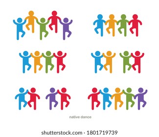 Native dances funny vector icon isolated on white, cute people comical dancing carnival traditional folklore festival.