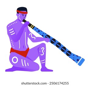 Native with didgeridoo - modern flat design style single isolated image. Neat detailed illustration of a man from an Australian tribe in tattoos and loincloth with a wind musical instrument