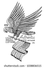 native eagle american. wild bird. old label and badge. engraved hand drawn in old sketch. USA symbol, flag of patriot.