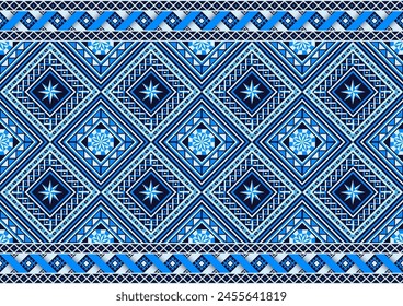 Patrón de ornamento sin fisuras de diamante azul geométrico étnico nativo estilo retro. Diseño gráfico para cerámica, Fondo de pantalla, textil, Web, tarjetas, alfombra. Patrón étnico. Adorno de borde. Tejido nativo.