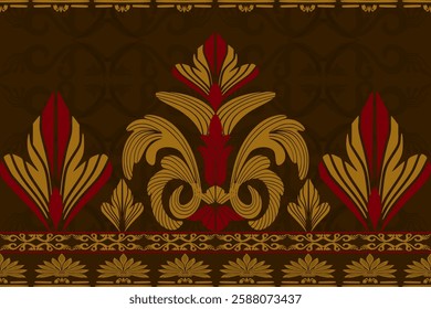 Native ethnic geometric pattern samless gold and red on a dark brown background. Native American fabric, tiles, rugs	