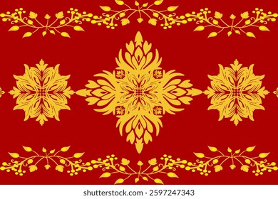Native ethnic geometric pattern samless gold and yellow light gray on red background. Native American fabric, tiles, rugs, shirts and capet