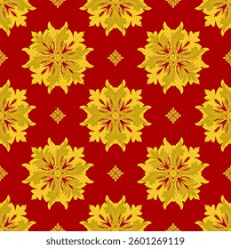 Native ethnic geometric pattern samless gold and yellow light gray on red background. Native American fabric, tiles, rugs, shirts and capet