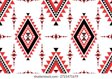 Native or ethnic Indian textile fabric seamless patterns in black, white, and red, featuring small triangles joined together.