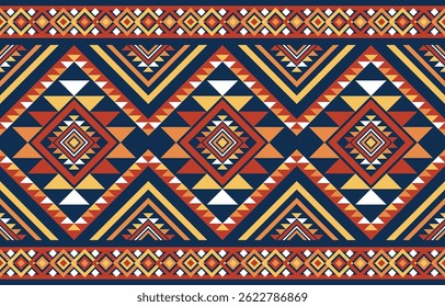 Native ethnic pattern. Embroidery pattern fabric, background, abstract, red, yellow, orange, blue.