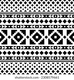 Native ethnic seamless pattern. Aztec tribal geometric vector background. Pixel pattern in black and white color. Design for textile, fabric, clothing, curtain, rug, ornament, wallpaper.