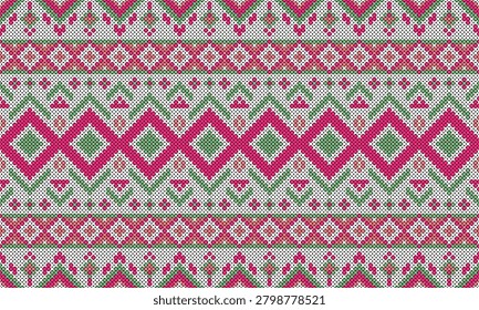 Native ethnic style cross-stitch pattern in fuchsia pink with pastel green border.