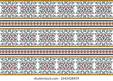 Indisches ethnisches thailändisches geometrisches Muster samless Gold und rot auf hellgrauem Hintergrund. Einheimische thailändische Stofffliesen, Teppiche, Hemden	