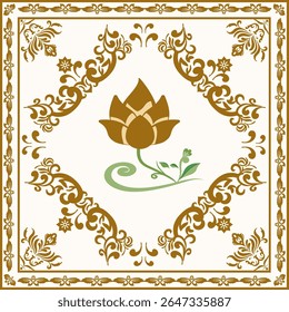 Native ethnic thai geometric pattern samless gold and red on a light gray background. Native thai fabric tiles, temple, wallpaper, carpets.