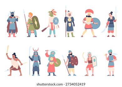 Native ethnic warriors. Multiethnic warrior characters with weapon. Scandinavian viking, african tribes, american indians and asian samurai, recent vector set