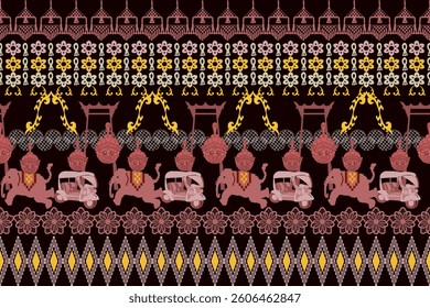 Native fabric pattern, horizontal ethnic  fabric, seamless pixel vector pattern using cartoon elephants, geometric shapes, seamless native fabric pattern, brown tone native fabric on black background