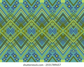 Native fabric patterns with geometric shapes in green and blue can be connected in every direction.