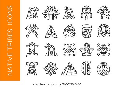 Ícones nativos. Conjunto de 20 ícones nativos da moda mínima. Exemplo: Headdress, Drum, Totem, Teepee, ícone Pirâmide. Sinais de design para página da Web, aplicativo móvel, design de embalagem. Ilustração vetorial