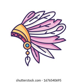 Native Indian American chief hat RGB color icon. Apache tribe ceremonial headwear. Ethnic accessory. Ancient headdress with feathers. Antique head wear. Isolated vector illustration