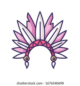Native Indian American chief hat RGB color icon. Cherokee tribe ceremonial headwear. Ethnic accessory. Ancient headdress with bird feathers. Isolated vector illustration