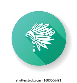 Native Indian American chief hat flat design long shadow glyph icon. Ethnic accessory. Ancient headdress with feathers. Antique head wear. Silhouette RGB color illustration