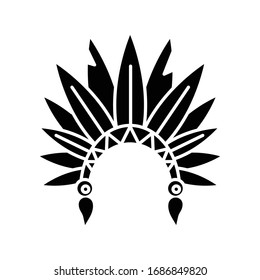 Native Indian American Chief Hat Black Glyph Icon. Cherokee Tribe Headwear. Ethnic Accessory. Ancient Headdress With Bird Feathers. Silhouette Symbol On White Space. Vector Isolated Illustration