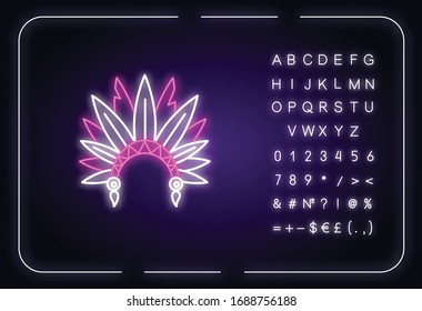 Native Indian American Chief Hat Neon Light Icon. Cherokee Tribe Headwear. Outer Glowing Effect. Sign With Alphabet, Numbers And Symbols. Vector Isolated RGB Color Illustration