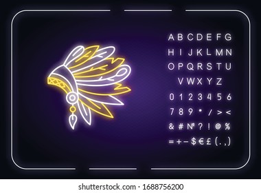 Native Indian American chief hat neon light icon. Ancient headdress with feathers. Outer glowing effect. Sign with alphabet, numbers and symbols. Vector isolated RGB color illustration