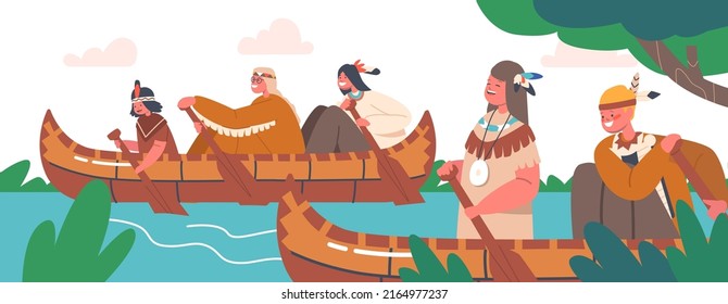 Native Indian American Children Swim On Canoe, Indigenous Kids Characters Wear Costumes Rowing On Wooden Kayak Boat In The River. Canoeing Sparetime, Cosplay Party. Cartoon People Vector Illustration