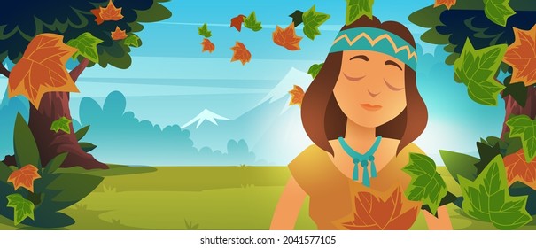 Indianisches amerikanisches Mädchen im Herbstwald. Vektor-Cartoon-Landschaft mit Bergen, Bäumen, grünem Gras und fallenden Ahornblättern. Schöne indigene Frau in traditionellem Kleid und Bündchen