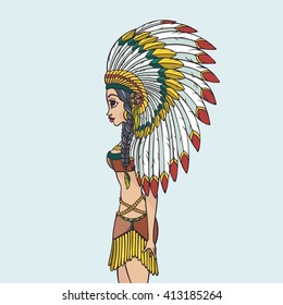 Native indian american girl portrait poster. Vector illustration 