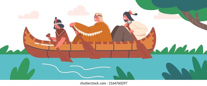 Native Indian American Kids Canoeing, Children Sitting in Wooden Canoe Rowing with Paddles, Indigenous Characters Wear Costumes Swim on Wood Kayak Boat in the River. Cartoon People Vector Illustration