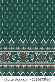 Native Indian American-inspired pattern in deep green with white and red accents. Features ornate motifs, diamond shapes, and symbolic elements. Perfect for textile, decoration, and heritage projects.