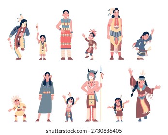 Caracteres indios nativos. Familias, adultos y niños indios americanos vistiendo trajes tradicionales. Los pueblos tribales bailan danzas rituales, reciente Vector