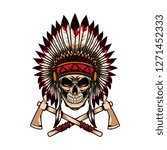 Native indian chief skull with crossed tomahawks on white background. Design element for logo, label, emblem, sign. Vector illustration