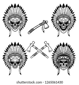 Native indian chief skull with crossed tomahawks. Design element for logo, label, emblem, sign. Vector illustration