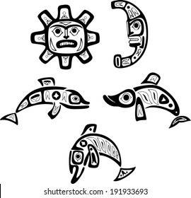 Native indian shoshone tribal drawings. Fish, sun, moon. Vector set.