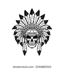Native indian skull in traditional headdress. Vector illustration
