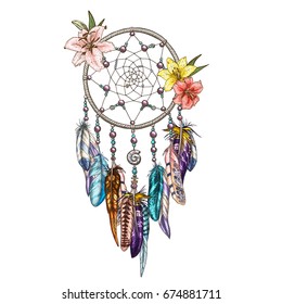 Native indian symbol dream catcher with lilies and color feather. Vector illustration