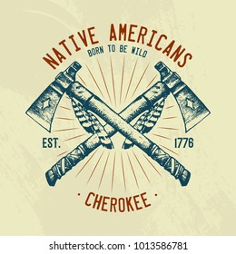 Native Indian traditions T-shirt. National American. Knife and Ax, tools and instruments. engraved hand drawn in old boho sketch. man with feathers. ethnic symbol for print, label, emblem