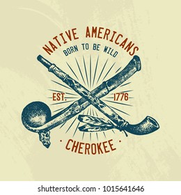 Native Indian traditions T-shirt. National American. Mace and ceremonial pipe, tools and instruments. engraved hand drawn in old boho sketch. man with feathers. ethnic symbol for print, label, emblem.