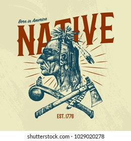 Native Indian traditions T-shirt. National American dreamcatcher. Knife and Ax, tools and instruments. engraved hand drawn in old boho sketch. man with feathers. ethnic symbol for print, label, emblem