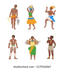 Indígenas africanos nativos vestidos con vestimenta nacional e ilustraciones vectoriales