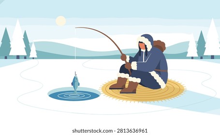 Native indigenous person in warm winter clothing sits on a mat while ice fishing on a frozen lake in a winter forest.