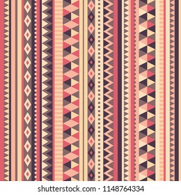 Native inspired cozy seamless repeat pattern in warm harmonic colors. Vertical varied ornamental rows with positive vibes.