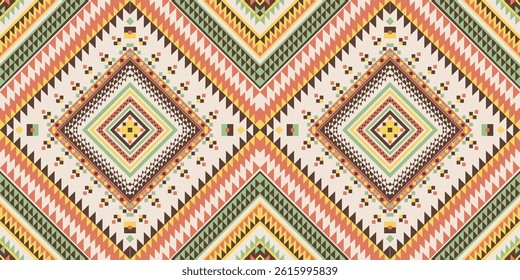 Native inspired seamless pattern with intricate diamond motifs in cream, coral, green and brown. Traditional geometric elements create an authentic ethnic design perfect for textiles and decor.