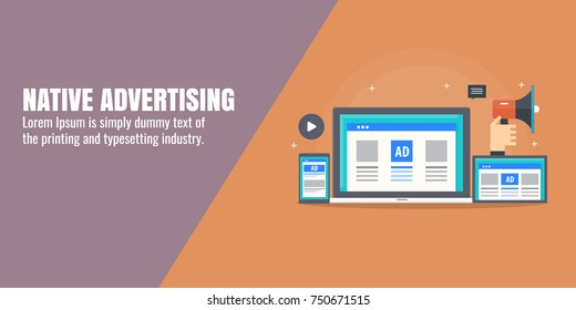 Native marketing, advertising, cross device marketing flat vector banner with icons and elements