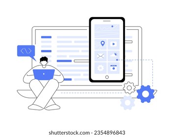 Native mobile app abstract concept vector illustration. Man with laptop and smartphone coding native app, IT technology, application development, optimize user experience abstract metaphor.