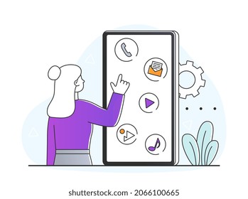 Native mobile app concept. Main set of programs installed on smartphone. Calls, gallery, music, messages and videos. Woman standing next to phone. User interface. Cartoon flat vector illustration