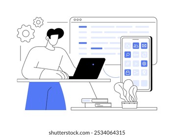 Native mobile app isolated cartoon vector illustrations. Man with laptop and smartphone coding native app, IT technology, application development, optimize user experience vector cartoon.